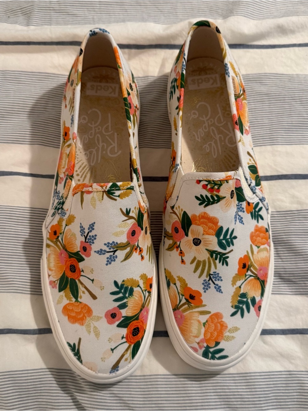 Rifle Paper & Keds Floral Slip-On White Sneakers w/ Orange, Pink & Green Accents